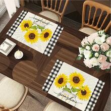 1/4/6pcs Autumn Series Black & White Plaid Border Glass Jar Sunflower Pattern Printed Placemats, Heat Resistant Table Protector For Home Kitchen, Dining Table, Party Decor - Multicolor - View 7