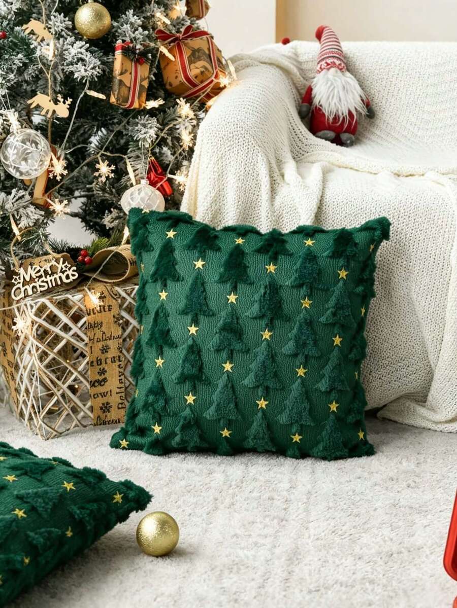 New Single Piece Christmas Jacquard Pillowcase, Jacquard Style Pillowcase For Holiday Decoration, Sofa Pillowcase, Suitable For Living Rooms And Bedrooms. - Green - View 1