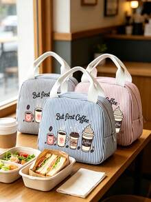 Striped Lunch Bag Featuring Coffee-Themed Patterns And Lettering.Reusable Insulated Lunch Box, Large Capacity Thermal Bag, Comes With Black Utensil Storage Bag, Snack Storage Bag, Multi-Functional Travel Storage Bag, Makeup Bag, Toiletry Bag, Suitable For School, Commute, Dorm, Picnic, Vacation, Birthday Gift, Halloween Christmas Gift - Multicolor - View 3