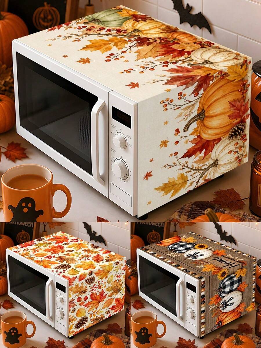 1pc 35x90cm Autumn Microwave Dust Cover, Polyester Material, Maple Leaf, Pumpkin, Berry, Sunflower Pattern, Dust-Proof And Stain-Resistant, Suitable For Kitchen, Bedroom, Garden Decoration, Perfect Thanksgiving Gift - Multicolor - View 1