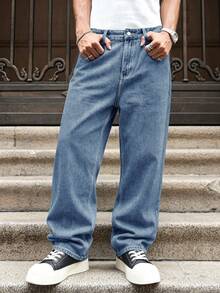 Men's Light Blue Washed Loose Fit Jeans, Rose Embroidered Back Pocket Wide Leg Denim Pants, Vintage Y2K Street Style Oversized Trousers - Blue - View 6