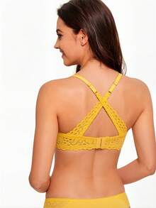 Women's Yellow Lace Push Up Bra Padded Molded Cups Convertible Cross Back Sexy Deep V Bralette Lingerie - Yellow - View 6
