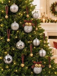 1/6/12/24pcs Silver Christmas Ball Ornament Set With Gold Bells And Plaid Ribbons, Assorted Color Christmas Tree Hanging Balls, DIY Holiday Decoration For Gift Wrapping, Fireplace, Home And Holiday Party Decor - Multicolor - View 7
