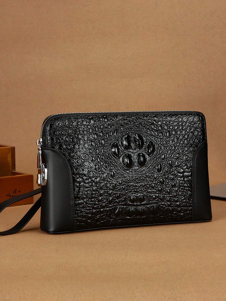 gorchis New Men's Crocodile Embossed Large Capacity Business Clutch Bag With Password Lock Anti-Theft PU Leather Handbag