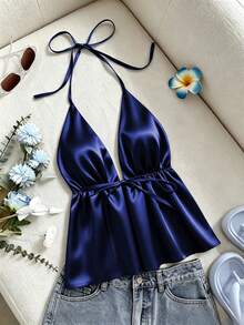 1pc Spring/Summer New Daily Party Vacation All-Season Solid Color Sleeveless Spaghetti Strap Strap Tank Top Casual - Navy Blue - View 2