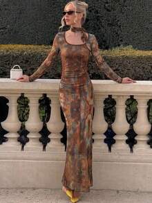 Fall Effortless Chic Abstract Print Mesh Maxi Dress Women Vintage Print Long Sleeve Side Ruched Bodycon Elegant Party Club Dress With Scarf - Multicolor - View 1