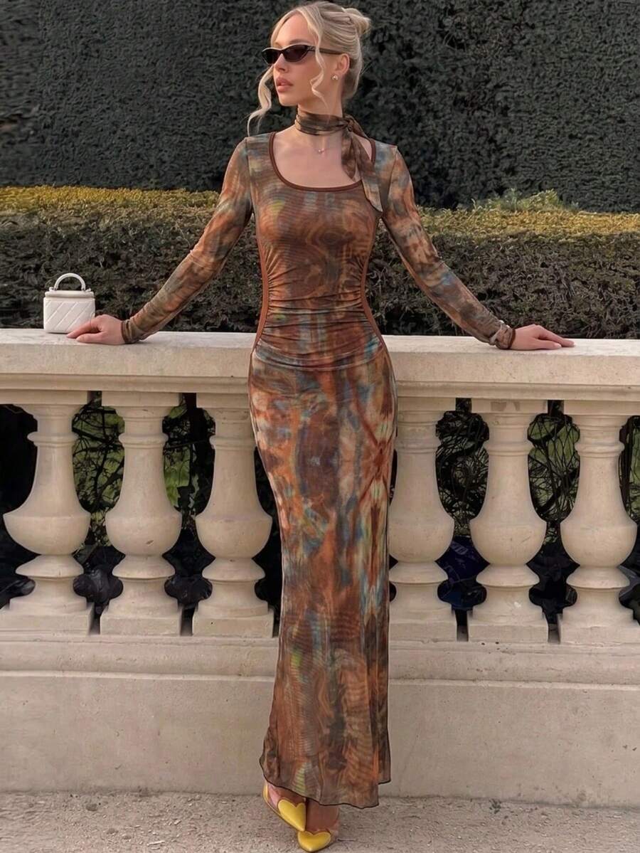 Fall Effortless Chic Abstract Print Mesh Maxi Dress Women Vintage Print Long Sleeve Side Ruched Bodycon Elegant Party Club Dress With Scarf - Multicolor - View 1