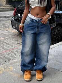 Women's Vacation Style Y2K Washed Distressed Wide Leg Jeans Casual Spring Fall - Medium Wash - View 2