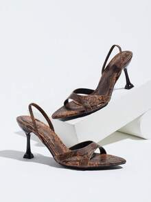 Women's Pointed Open-Toe Goblet Heel Sandals, Brown With Delicate Embossed Print Single Strap Design, Fashion Autumn Footwear For Evening Events - Brown - View 6