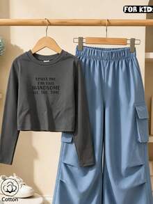 Girls Crew Neck Loose Long Sleeve Top, Fall   Winter Cotton Top, Girls Street Style Clothing - Grey - View 1