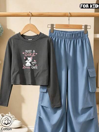Girls Crew Neck Loose Long Sleeve Top, Fall   Winter Cotton Top, Girls Street Style Clothing