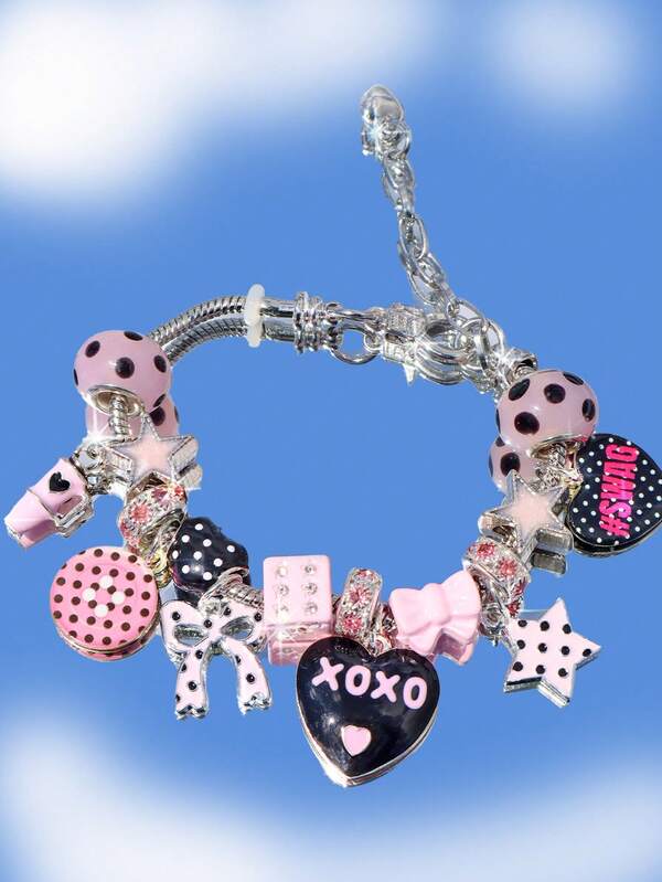 1pc Polka Dot Bow Heart XOXO Charm Bracelet, Polka Dot Button Dice Bracelet, Star Bracelet