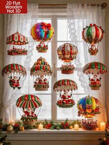 1/10 Stücke Weihnachts-Santa Fallschirm Heißluftballon Holz flache Hängedekoration, Heißluftballon Santa Holz rotierender Schneemann Weihnachtsbaum Feiertags-Hängedekoration Heimdekoration, Holz Heim Garten perfekte Feiertagsgeschenk Dekoration - Mehrfarbig - Übersicht 1