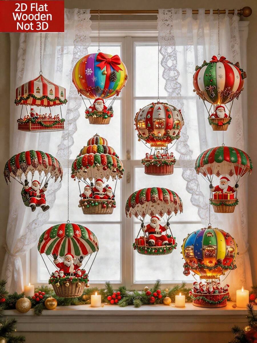 1/10 Stücke Weihnachts-Santa Fallschirm Heißluftballon Holz flache Hängedekoration, Heißluftballon Santa Holz rotierender Schneemann Weihnachtsbaum Feiertags-Hängedekoration Heimdekoration, Holz Heim Garten perfekte Feiertagsgeschenk Dekoration - Mehrfarbig - Übersicht 1