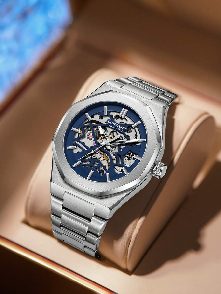 LONGLUX 1pc Men's Hollow Automatic Mechanical Watch With Butterfly Clasp Steel Band, Minimalist Fashion For Daily Wear, Holiday Gift