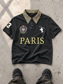 Men's Leopard Print Short Sleeve Casual Washed Distressed Vintage Old Money Polo Shirt - Multicolor - View 1