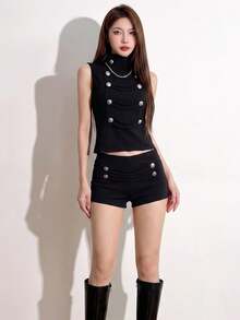 Top Dazzle Chic Black Knitted Sleeveless Funnel Neck Top For Women, Featuring Stylish Button Embellishments, A Regular Length Fashion Piece - Black - View 1