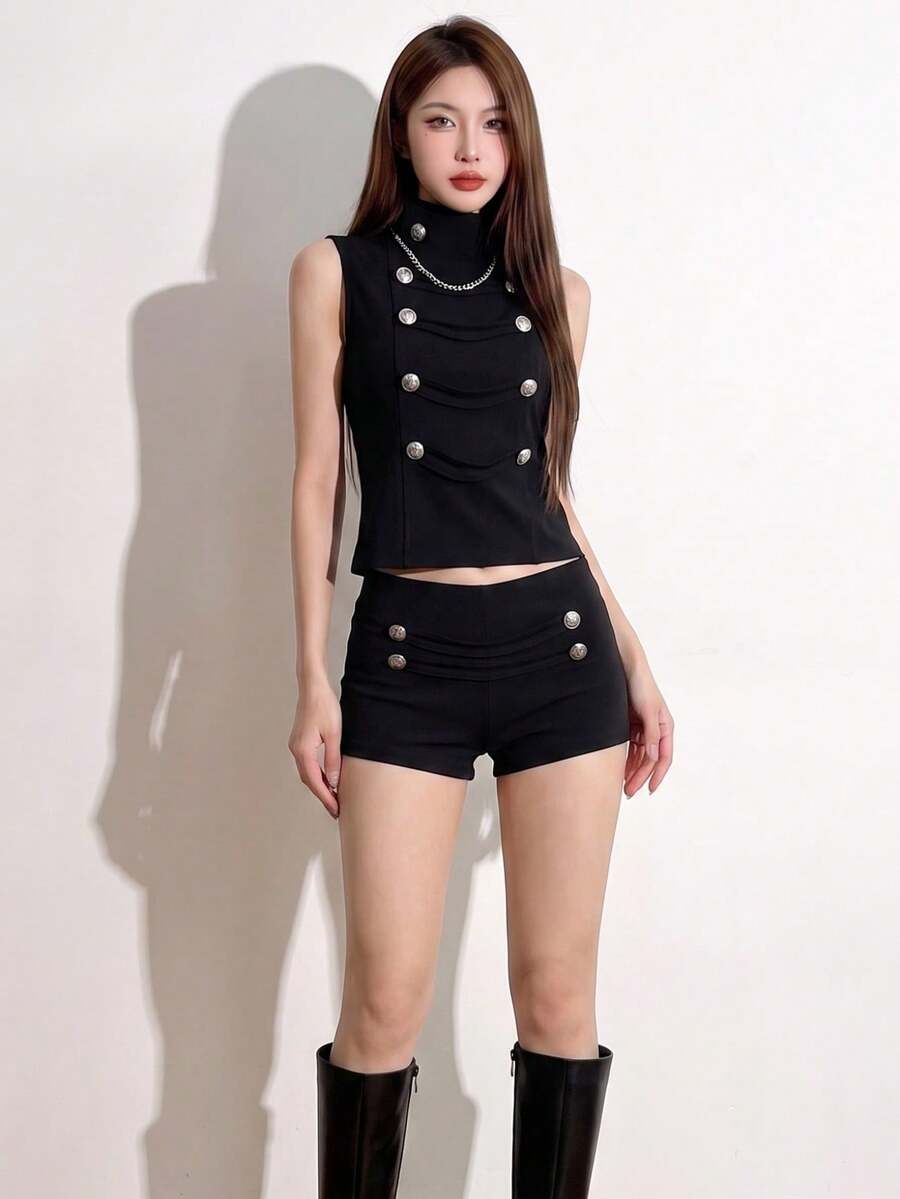 Top Dazzle Chic Black Knitted Sleeveless Funnel Neck Top For Women, Featuring Stylish Button Embellishments, A Regular Length Fashion Piece - Black - View 1