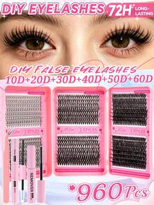 960片簇裝假睫毛套組 10-16mm 10D-60D 混合單根睫毛，柔軟自然大容量套組，含睫毛膠、卸除液與鑷子，適合初學者 DIY 日常通勤、晚餐、婚禮妝容 - 黑色 - 查看 10