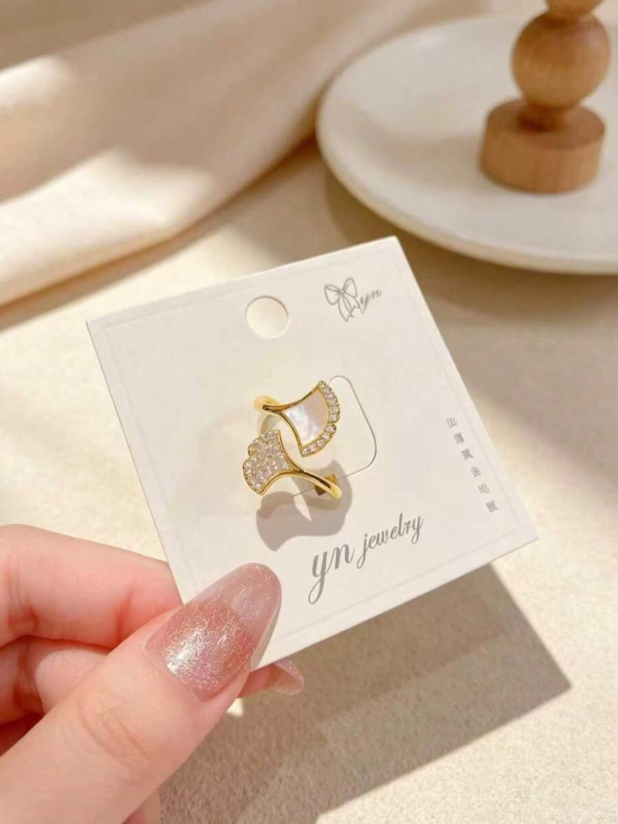 1pc Elegant Minimalist Double Fan Design Ring With One Side Mother Of ...