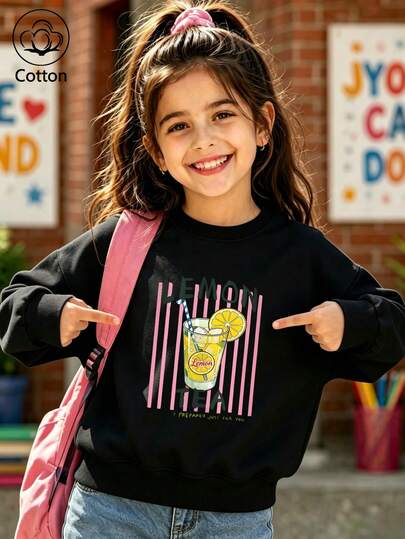 Girls' Cotton Top, Printed, Comfortable, Relaxed-Fit Dropped-Shoulder Sweatshirt, Round-Neck Oversized Sweatshirt