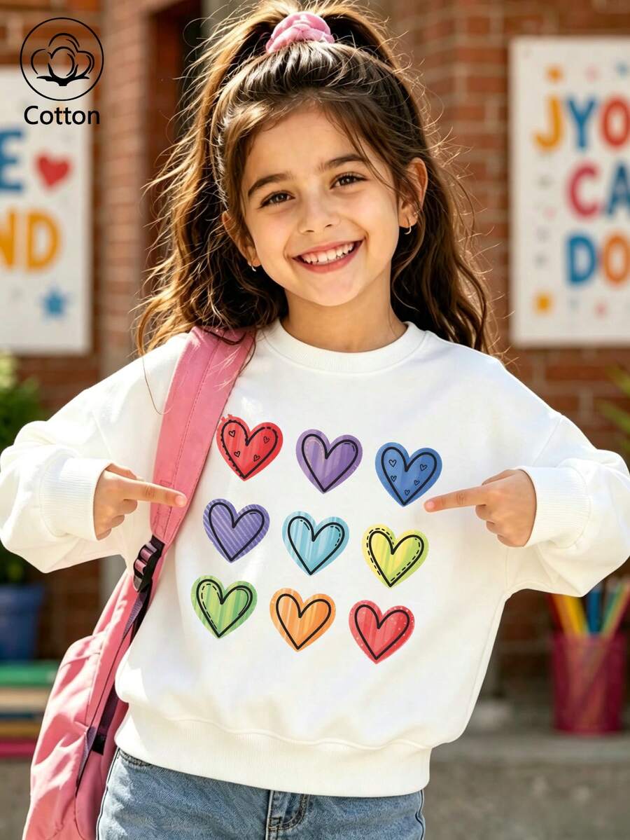 Girls' Cotton Top, Printed, Comfortable, Relaxed-Fit Dropped-Shoulder Sweatshirt, Round-Neck Oversized Sweatshirt - White - View 1