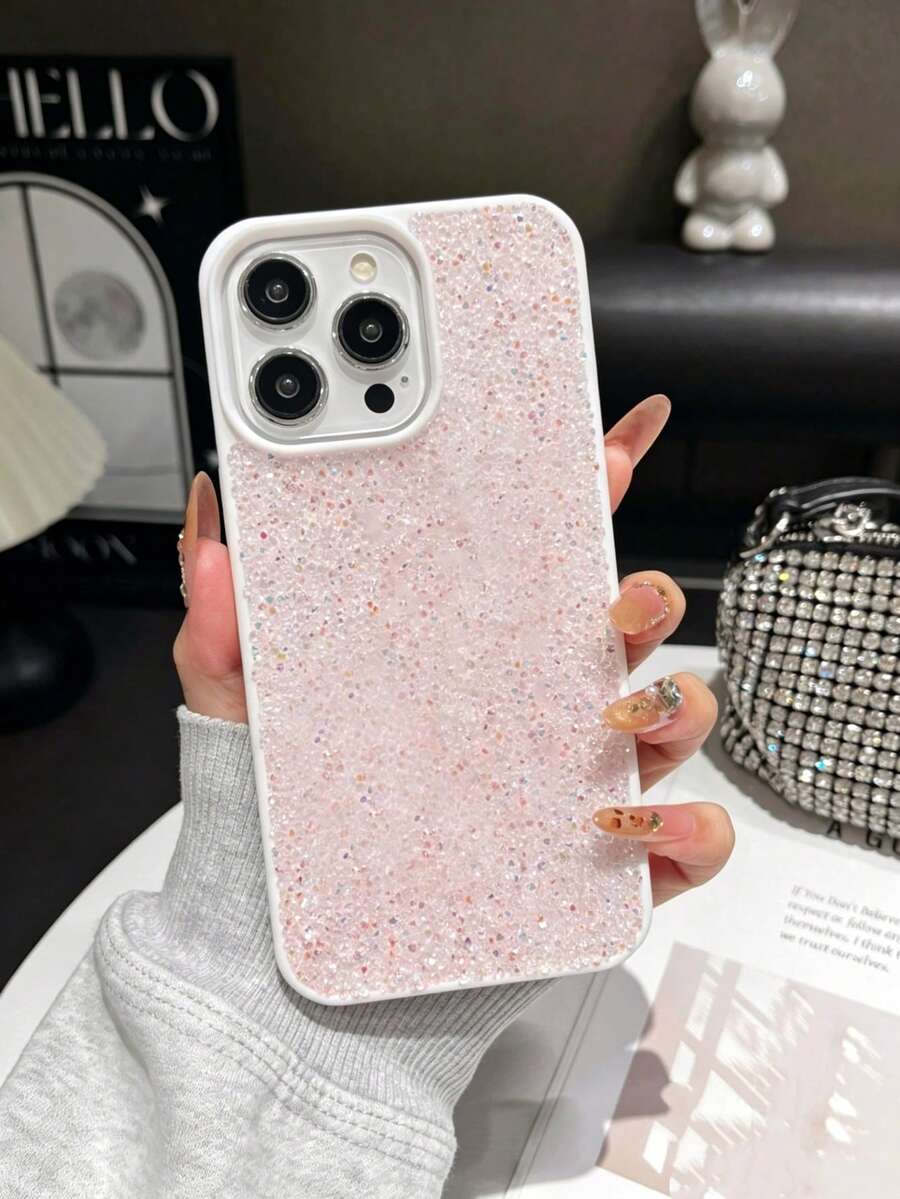 1pc Solid Color Skin-Feel Full Rhinestone Luxury Embedded Sparkling Diamond 2-In-1 Large Lens Hole Phone Protective Case Compatible With Apple 17 Pro Max, 16, 15 Pro, 14, 13, 12, 11 Series. - Pink - View 1
