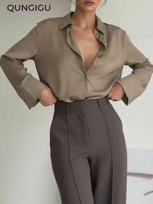 Women's Satin Button-Front Long Sleeve Elegant Lapel Blouse, Office Commute Business Casual Top, Loose Fit Solid Color Basic T-Shirt - Brown - View 3