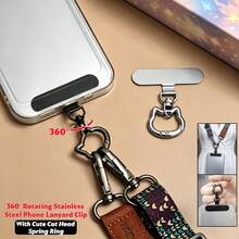 Stainless Steel Mobile Phone Lanyard Clip 360° Rotation Without Rope Jam With Cute Cat Head Spring Ring, Strong And Durable Metal Connecting Piece, Card - Multicolor - View 1