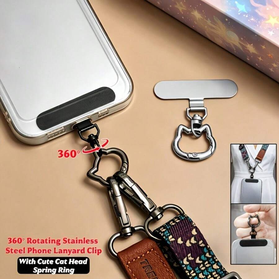Stainless Steel Mobile Phone Lanyard Clip 360° Rotation Without Rope Jam With Cute Cat Head Spring Ring, Strong And Durable Metal Connecting Piece, Card - Multicolor - View 1