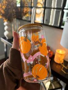 Vintage Autumn Theme Glass Straw Cup, Vibrant Pumpkin And Brown Maple Leaf Pattern, Pink Ribbon Floral Accents, Bamboo Lid, Large Capacity Iced Latte Juice Daily Beverage Cup - Multicolor - View 1