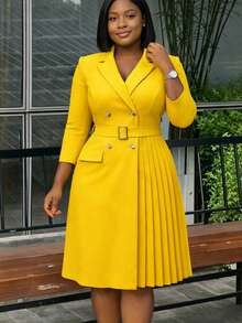 Women's Elegant Dress, Waist-Cinched Patchwork Solid Color Waist Decoration, Comfortable And Convenient, Optimizes Body Proportions; Casual Fashion, Fabric Material, Suitable For Spring/Summer And Autumn/Spring, Can Be Worn For Daily Casual, Vacation Commute, Workplace Office, Also Suitable For Dating, Party Dress, Tea Party, Wedding, Banquet, Outing Dress, Cream Yellow Dress, Formal Dress - Yellow - View 1