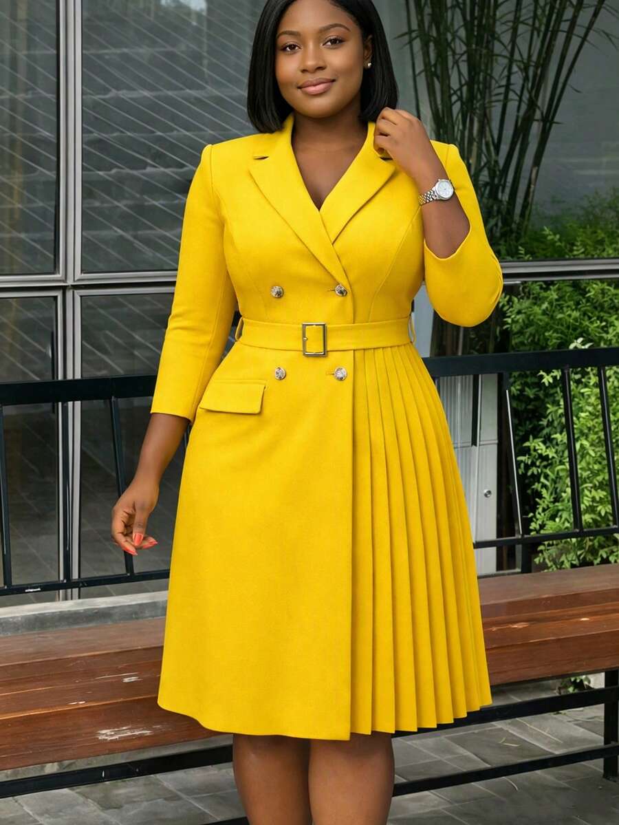 Women's Elegant Dress, Waist-Cinched Patchwork Solid Color Waist Decoration, Comfortable And Convenient, Optimizes Body Proportions; Casual Fashion, Fabric Material, Suitable For Spring/Summer And Autumn/Spring, Can Be Worn For Daily Casual, Vacation Commute, Workplace Office, Also Suitable For Dating, Party Dress, Tea Party, Wedding, Banquet, Outing Dress, Cream Yellow Dress, Formal Dress - Yellow - View 1
