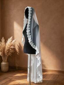 1pc Single Layer Mantilla Bridal Veil With Lace Trim, Handmade Faux Pearl Decor And Hair Comb, Wedding Veil - White - View 7