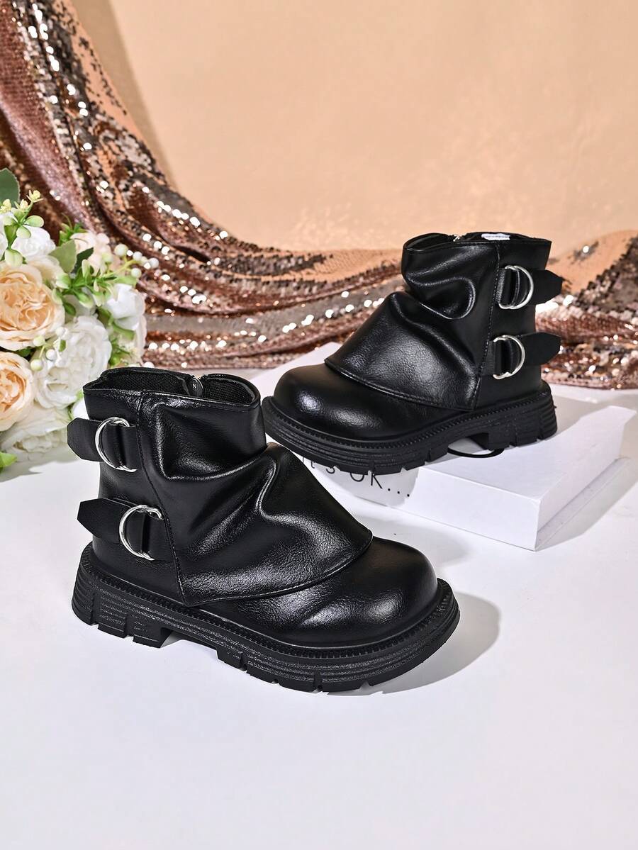Girls' Fashion Ruched Ankle Boots With Metal Ring Buckle Side Zipper Thick Sole Vintage Style - Black - View 1
