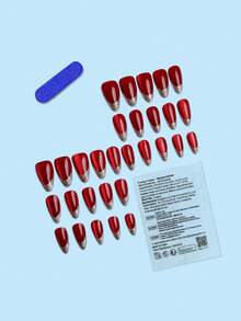 30PCS Almond Handmade Press On Nails Red Metallic Base Silver Glitter Tips Design Glossy Elegant False Nails Nail Kit With Jelly Tabs - Red - View 2