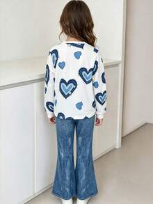Girls Big Kids Spring/Autumn Heart Print 2 Pieces Set, Round Neck Long Sleeve Top & Denim Effect Flare Pants, Casual Outfit - Blue - View 5