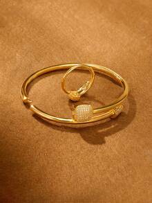 2pcs/Set Fashion Classic Wedding Bridal Handmade Zirconia Inlaid Shiny Nail Shape Bracelet And Ring, 64mm Diameter Openable, Suitable For Women's Daily Wear, Bring Wealth And Good Luck, Gift Box Not Included - Gold - View 4