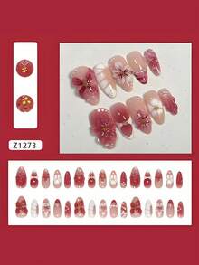 24 Pieces Of Medium-Sized Almond-Shaped Protective Armor, With A 3d Three-Dimensional Flower Pink Gradient Design, Featuring Water Droplet Details, An Elegant Shiny All-Over Style, Suitable For Women's Daily Wear. - Multicolor - View 4