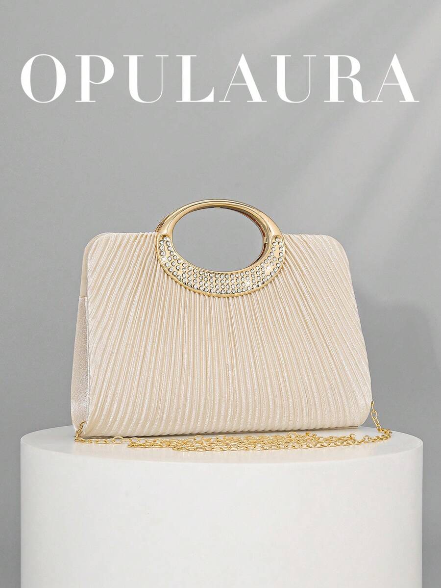 OpulAura 女士时尚闪亮水晶钻晚宴手拿包,奢华闪亮钻石镶嵌礼服手提包,适合晚会、派对、约会、鸡尾酒会、生日派对、新娘配饰、生日礼物 - 杏色 - 查看 1