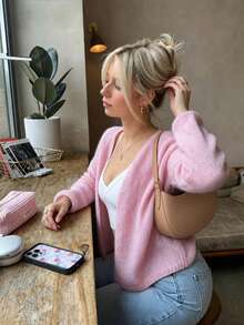 Women's Spring/Autumn/Winter Pink Basic Minimalist Long Sleeve V-Neck Front Open Cardigan Knit Jacket, Solid Color Gentle Casual Daily Wear - Pink - View 3