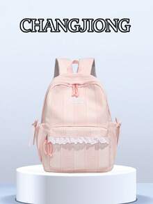 1 Stück Rucksack im College-Stil für die Schulanfang-Saison mit Rüschen, mehreren Taschen und Reißverschluss, süß und vielseitig, geeignet für Frauen, Studentinnen, Arbeit, Schule, Reisen und Urlaub - Pink - Übersicht 1