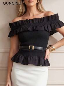 Women's Off-Shoulder Ruched Bandeau Top, Strapless Ruffle Hem Blouse, Elastic Waist Slim Fit Summer Cropped Top, Suitable For Vacation And Date Night - Black - View 2