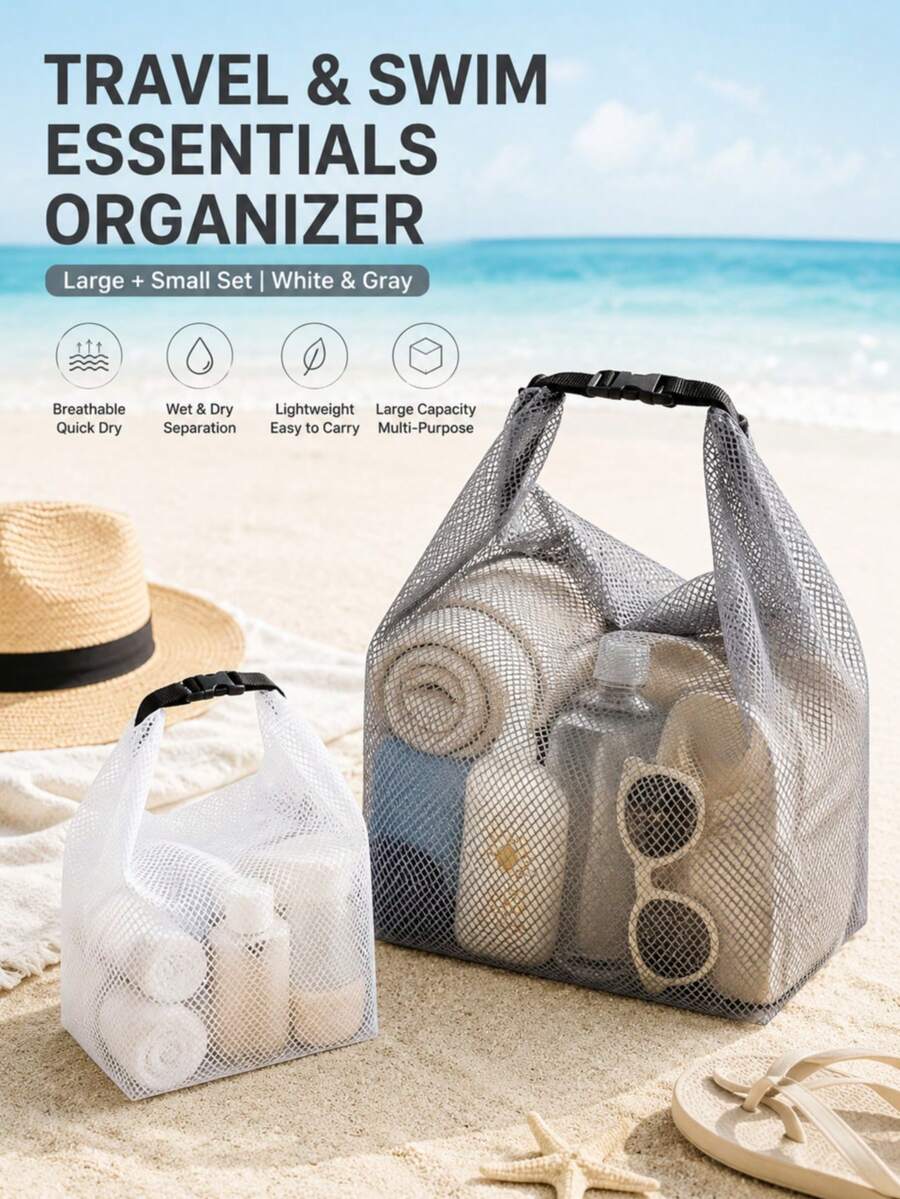 2件組防水旅行收納袋，乾濕分離托特購物袋，大容量游泳海灘泳池健身包，適合毛巾、盥洗用品及度假必需品 - 彩色 - 查看 1