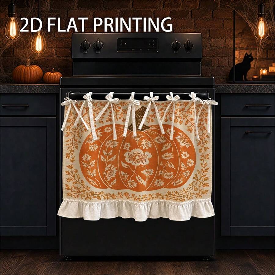 Autumn Farmhouse Style Kitchen Decor, Multi-Functional Oven Protective Curtain, Large Orange Pumpkin With White Floral Pattern And Ruffle Trim, Linen Fabric With Tie Design, Autumn Seasonal Home Decor Kitchen Apron - Multicolor - View 1