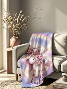 1pc Customized Name Blanket, Personalized Bed Blanket, Cute Unicorn Print, Can Print Name, Rainbow Decoration, Personalized Blanket, Cute Blanket, Comfortable Blanket, Home Gift, Birthday Gift, Christmas Gift, Personalized Gift, Gift For Son/Daughter, Gift For Friends - Style 3 - View 3