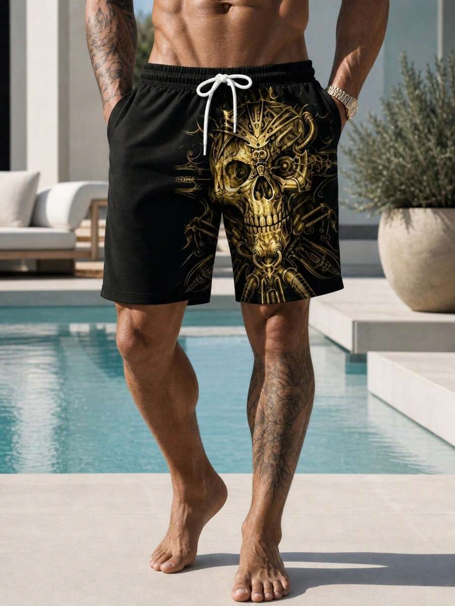 Plus Size Men's Casual Skull Print Beach Shorts - Ginger - View 1