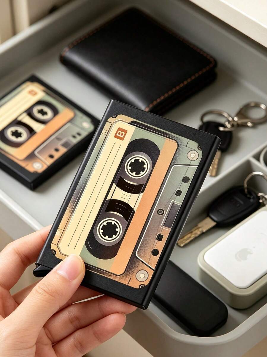 Vintage Cassette Tape Print Pop‑Up Card Holder, Slim Portable Hidden Card Slot Wallet, Gift For Music Lovers For Commute Travel Dorm Holiday - Multicolor - View 1