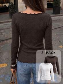Women's 2pcs Set Frill Trim Square Neck Long Sleeve Knit Top, Elastic Ribbed Slim Fit Base Layer, Minimalist Casual Layering T-Shirt, Suitable For Autumn Daily And Office Commute Wear - White + Brown - View 2