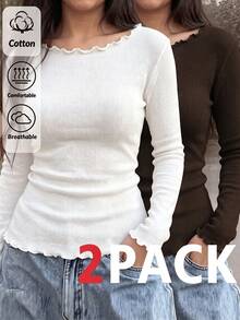 Women's 2pcs Set Frill Trim Square Neck Long Sleeve Knit Top, Elastic Ribbed Slim Fit Base Layer, Minimalist Casual Layering T-Shirt, Suitable For Autumn Daily And Office Commute Wear - White + Brown - View 3